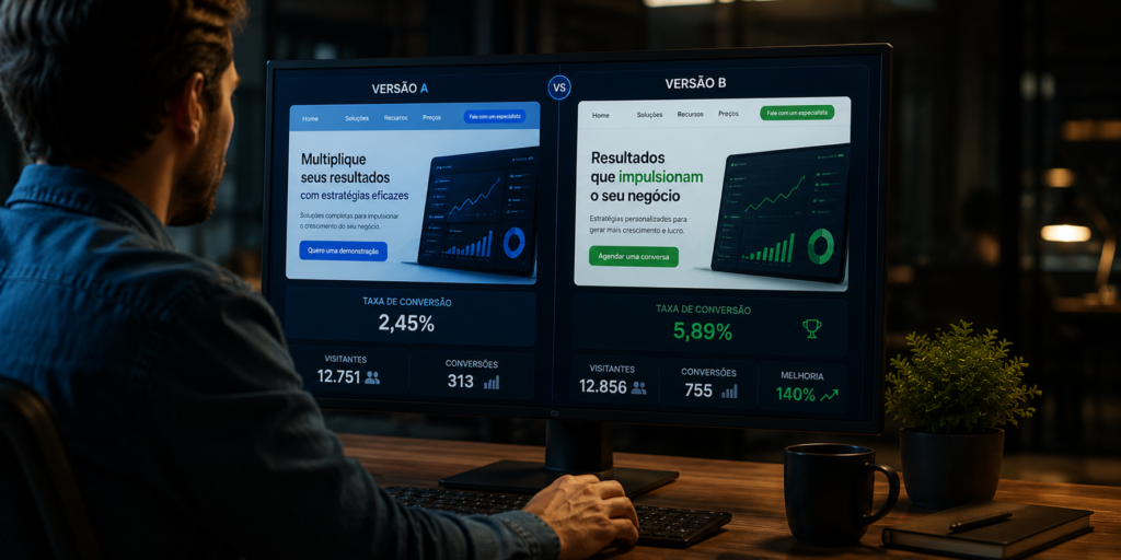 Profissional analisando resultados de teste A/B em diferentes versões de uma página de conversão, comparando métricas de desempenho e geração de leads qualificados para otimizar a experiência do usuário e aumentar as taxas de conversão.
