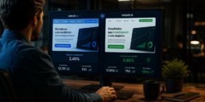 Profissional analisando resultados de teste A/B em diferentes versões de uma página de conversão, comparando métricas de desempenho e geração de leads qualificados para otimizar a experiência do usuário e aumentar as taxas de conversão.